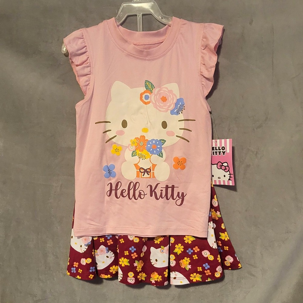 Hello Kitty Girls Fit & Flare Floral Pink/Burgundy 4 Sleeveless Top Skort NWT